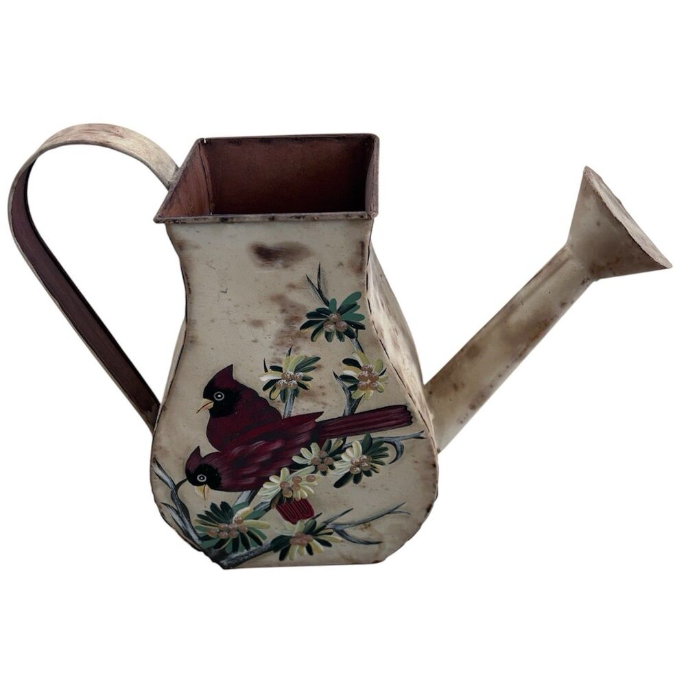VTG Farmhouse Metal Watering Can Cardinal Bird Floral Rustic Garden Decor Art 9”